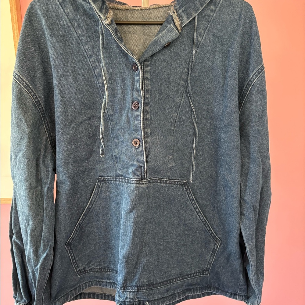 Blue Denim Hoodie with Front Pocket